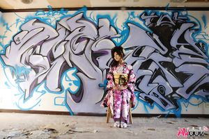 Asian Chiaki sucks cock showing her sexy legs under colorful kimono.