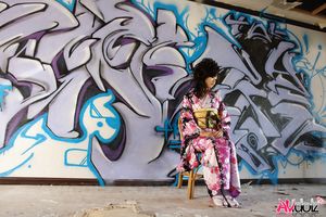 Asian Chiaki sucks cock showing her sexy legs under colorful kimono.