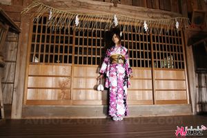Asian Chiaki wearing a beautiful kimono visits different places.