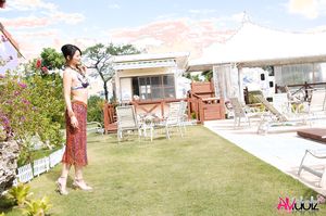 Superb Asian Risa shows her sexy curves in bath suit at the pool.