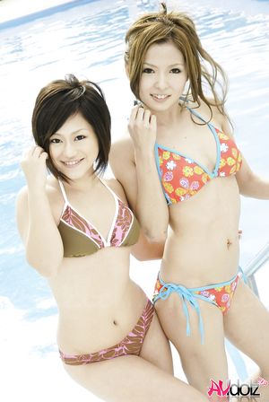 Sexy Minako, Saori, Kinoshita, Nao in bath suits at the ocean.