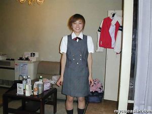 Cute japanese amateur coed in uniform strips and sucks a cock hard