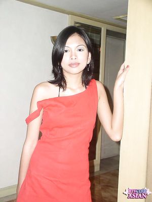 Thin filipino slut in red dress gets her shaved pussy banged hard