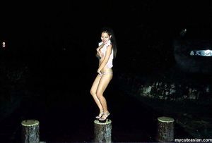 Horny Asian amateur exhibitionist wife flashing on the street