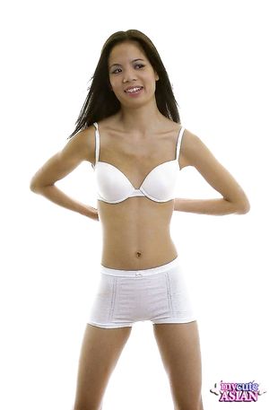 Asian with small breasts opens her tiny shaved pussy for you