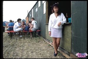 Busty amateur asian beauty shows her tight pussy in forest