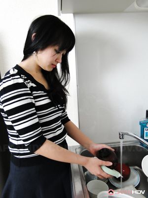 Asian Risa Kurokawa takes panties off before doing her house duties.