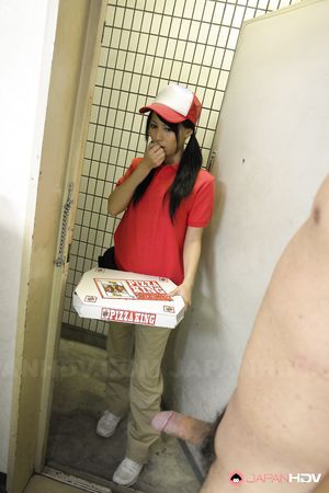 Miku Oguri strokes cock and has tits touched when delivering pizza.