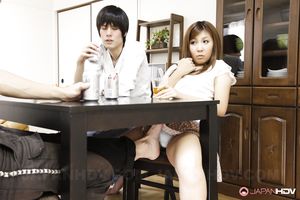 Asian Hitomi Okubo has pussy rubbed under table next to her husband.
