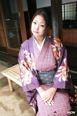 Sweet brunette in a purple kimono wants to show her fine twat