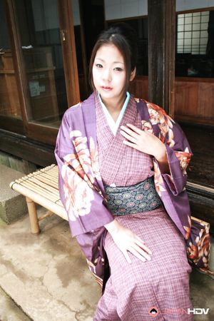 Sweet brunette in a purple kimono wants to show her fine twat