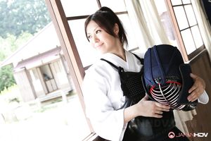 Beautiful girl Jun Sena showing her boobs during a Kendo workout