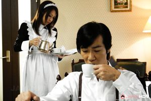 Beautiful brunette waitress Himeki Kaede sucking a big meat pole