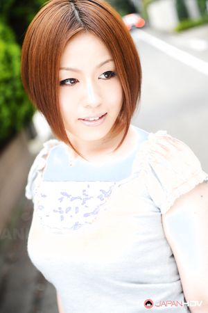 Short haired brunette wife Hiromi Tominaga shows off her body outdoors