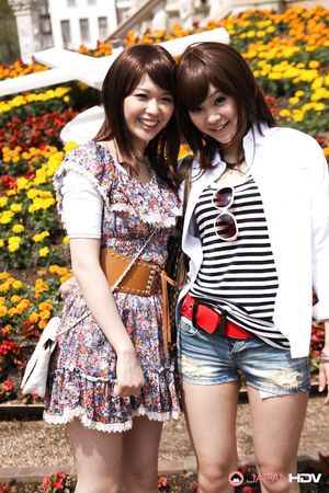 Lovely Japanese cuties Rimu Endo and Ueno Misaki posing outdoors