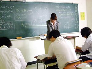 Sexy Asian teacher Kyoushi Kan seduces two students and suck them off