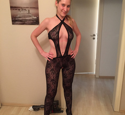 Blonde Hair catsuit showing her Pussy