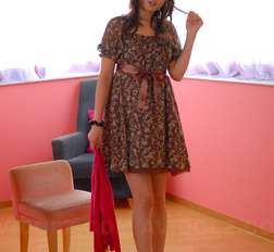 Beautiful Risa reveals sexy legs under very cute dress while posing.