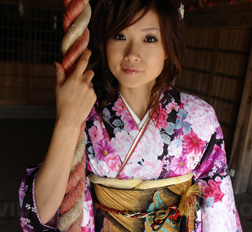 Asian Chiaki wearing a beautiful kimono visits different places.