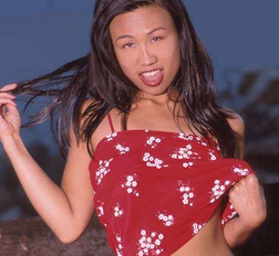 Sexy asian girl in red dress spreads her ass to show her tight holes