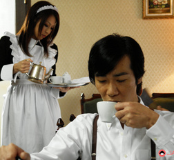 Beautiful brunette waitress Himeki Kaede sucking a big meat pole