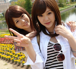 Lovely Japanese cuties Rimu Endo and Ueno Misaki posing outdoors